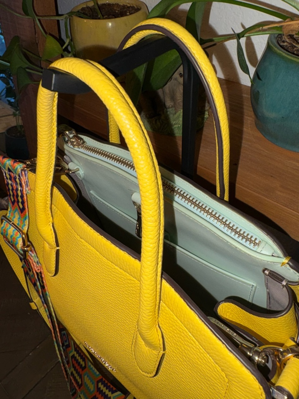 Kate Spade Yellow Pebbled Leather Satchel Crossbody w/ Guitar Strap - Picture 3 of 10